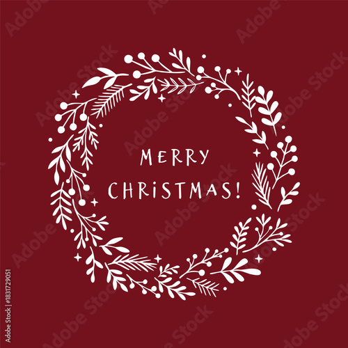 Elegant Christmas greeting card with a white botanical wreath and Merry Christmas lettering on a red background. Perfect for holiday wishes, festive design projects, invitations and seasonal graphics