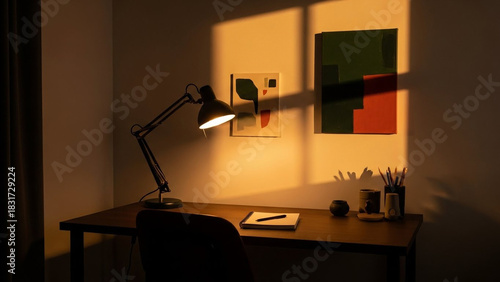 Cozy Home Office Desk at Night with Warm Light Lamp