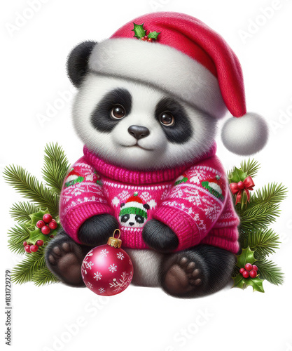 Cute baby panda wearing a festive pink christmas sweater, a red santa hat adorned with holly, and a decorative ornament. isolated on transparent background