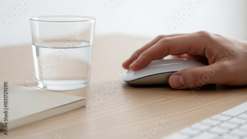 Close-up of Hand Using Computer Mouse Next to Glass of Water on Desk