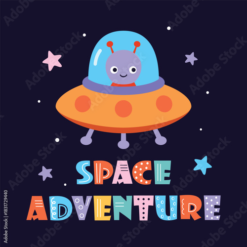 cartoon poster of spaceship with alien