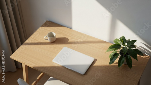 Sunny Wooden Desk and Chair with Natural Light from Window