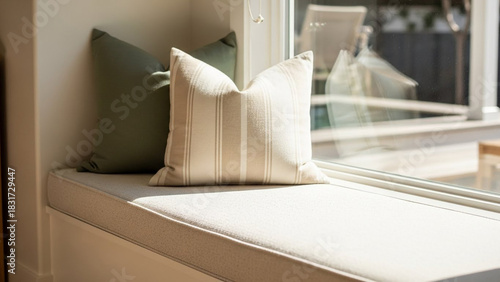 Cozy Window Seat with Cushions, Pillows, and Soft Sunlight