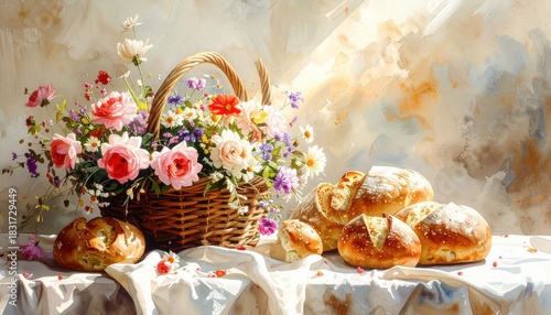 A rustic wicker basket overflows with vibrant roses and wildflowers beside fresh golden brown loaves of bread watercolor illustration