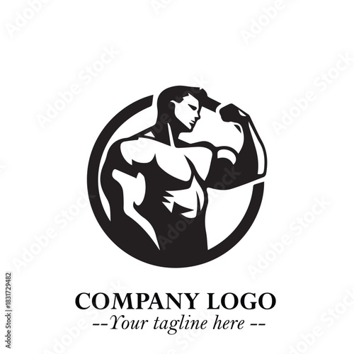 Man With Muscle Logo Symbol in Black on White Background for Strong Bold Fitness Branding Design Art