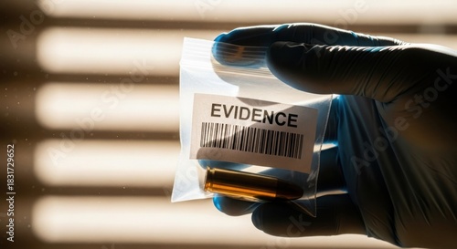 Forensic scientist in blue glove holding evidence bag with bullet casing from crime scene