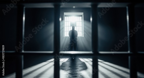 Man in solitary confinement staring at a barred prison window with bright light