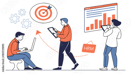 Three people working on goals and hrm with laptop tablet and chart in a modern office setting