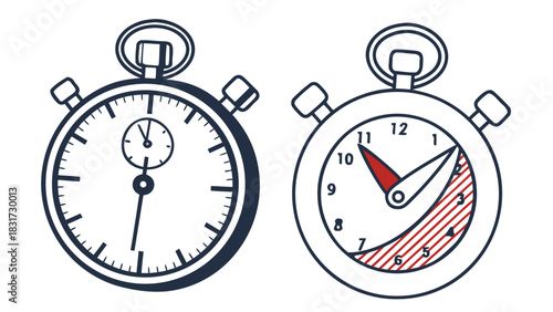 Two stopwatches showing different times one with red markings and hands indicating elapsed time