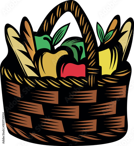 Black and white icon of a grocery shopping basket full of food