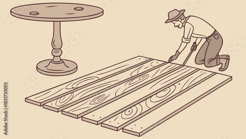 A man in a hat is working on a wooden floor next to a round table with holes in the top surface