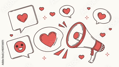 Red megaphone with speech bubbles containing hearts and a smiley face sharing love messages loudly