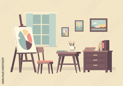 Inspiring Art Studio Space with Easel, Paints, and Creative Supplies, Perfect for Artistic Expression and Crafting Visual Masterpieces in a Cozy Room Setting