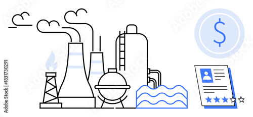 Factory with chimneys, refinery, waves symbolizing energy, dollar sign showing economic focus, and a CV representing recruitment. Ideal for industry, economy, hiring, sustainability development