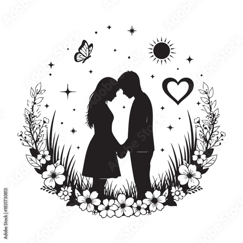 Creative valentine's couple silhouette vector art illustration