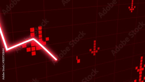 Digital chart with a glowing descending line graph and red arrows indicating a financial market crash or economic recession.