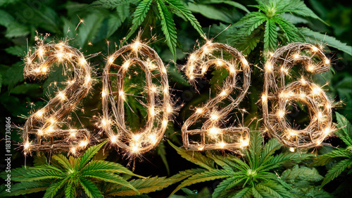 2026 and surreal colorful cannabis plants. New Year