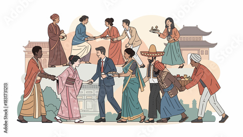 Diverse Cultural Exchange People Connecting Across Borders Line Art