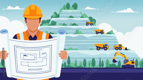 Construction professional inspecting blueprints with mining vehicles and a mountain quarry in the background, a6