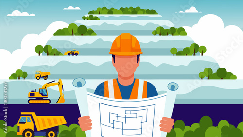Construction worker holding blueprints, overseeing mountain construction site with various machinery, vector illustration