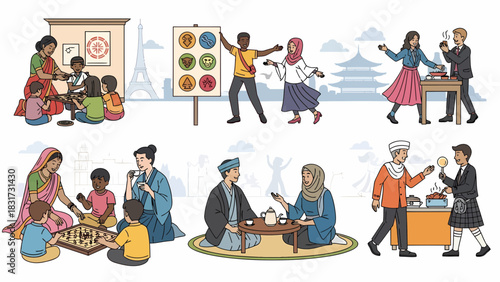 Diverse Global Cultural Interactions Around The World Illustration