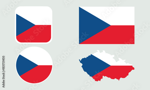 Czech Flag Icon Set in Square, Round, and Map Shapes. Clean Modern Collection. Perfect for use in apps, websites, presentations, infographics, educational materials, travel content.