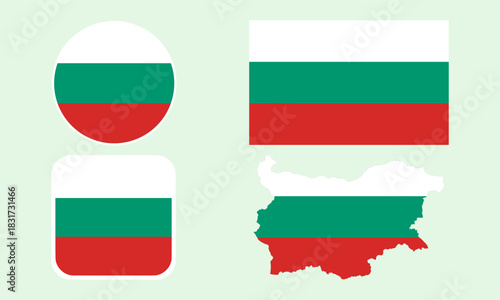 Bulgaria Flag Icon Set in Square, Round, and Map Shapes. Clean Modern Collection. Perfect for use in apps, websites, presentations, infographics, educational materials, travel content.