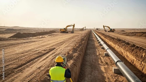 Professional surveyor using theodolite on pipeline construction site for precise measurements and alignment under clear sky with heavy machinery at work