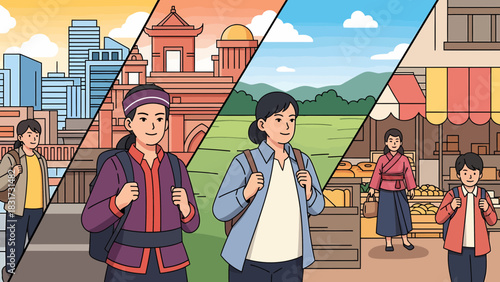 Exploring Different Cultures Through Travel Cartoon Concept Illustration