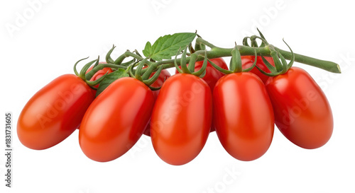Fresh red plum cherry tomatoes on vine isolated on transparent background