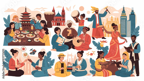 Global Celebrations Cultural Diversity And Landmark Architecture Illustration