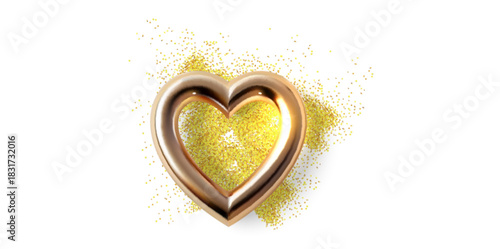 Golden 3D heart frame with sparkling yellow glitter confetti in heart shape on white background luxury romantic design
