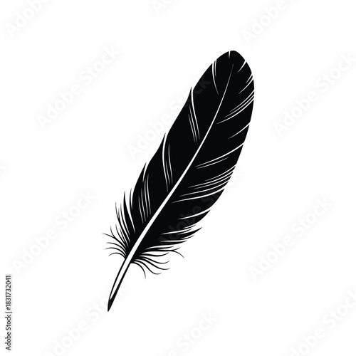 A single black feather gracefully falling against a clean white background