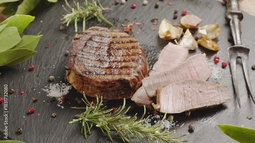 Cooked grilled ribeye steak on a gray serving stone is salted with sea salt.