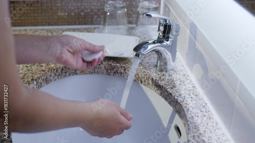 Washing hands with soap under running water in the sink. Important everyday routine action to prevent transmission of diseases. 