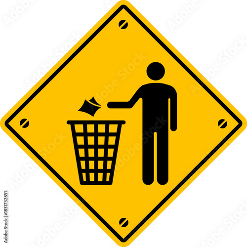 trash can sign throw garbage label sticker yellow square sign isolated pictogram vector design