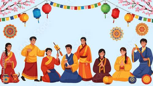 People Celebrating Buddhist Holiday In Traditional Clothing And Decorations