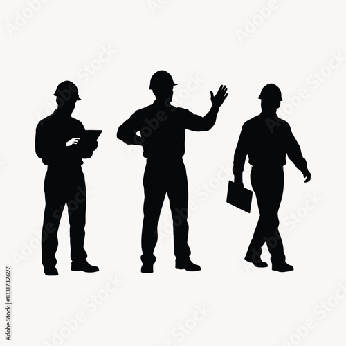 Silhouettes of construction workers in various poses against a plain background