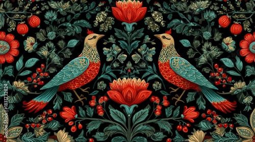 Seamless pattern of birds flowers and berries