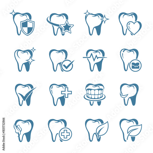 Collection of dental health icons displaying teeth protection and care