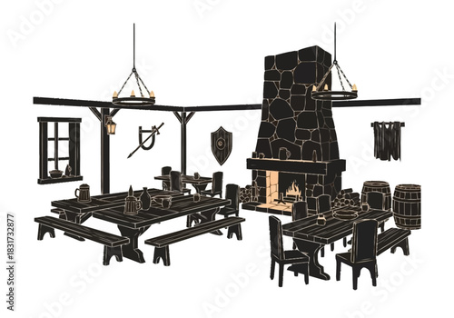 Rustic Medieval Tavern Interior with Fireplace and Wooden Tables for Gathering furniture icons interior design layout architecture