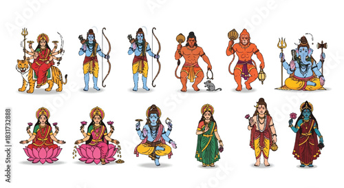 Flat 2D character set of major Indian Hindu gods and goddesses including Ganesha, Shiva, Vishnu, Durga, Rama, and Hanuman, rendered in a colorful vector illustration style on a white background.