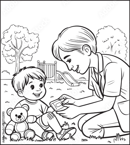 A cute doctor doing first aid treatment a boy coloring page for kids, black line art vector illustration for medical student coloring book
