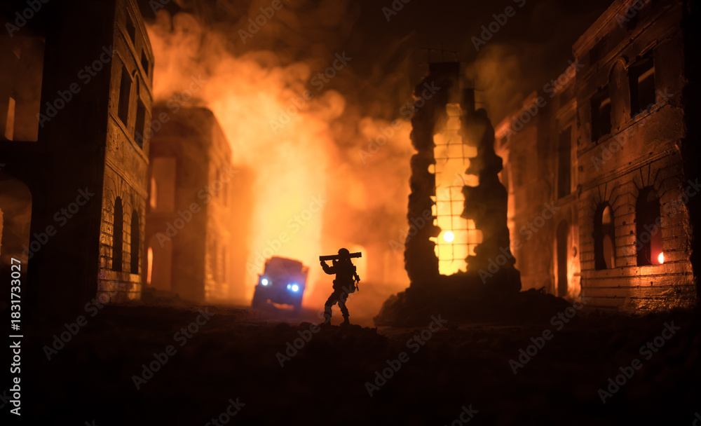 Fototapeta premium Military soldier silhouette with bazooka. War Concept. Military silhouettes fighting scene on war fog sky background, Soldier Silhouette aiming to the target at night.