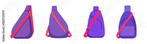 Four minimalist purple sling bags with pink straps in a flat design style.