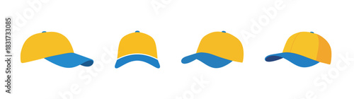 Four illustrations of a yellow and blue baseball cap, showcasing different perspectives and angles.