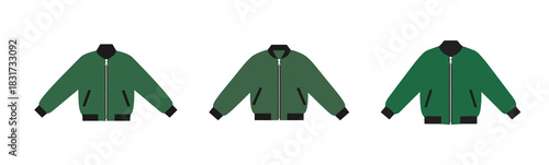Three green bomber jacket illustrations in a row on a white background, showing slight color variations.