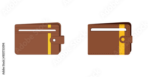 Two brown leather wallets with a yellow stripe and card slots, shown in a flat vector illustration style on a white background.