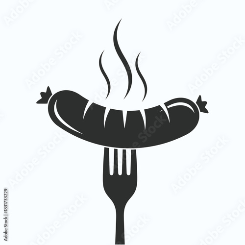 A sizzling sausage on a fork a simple black and white illustration