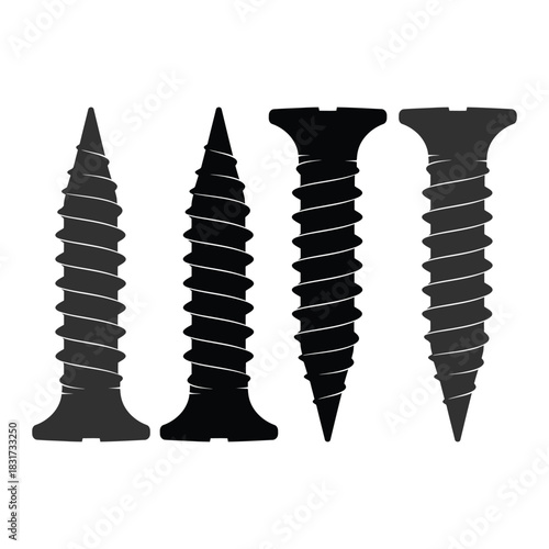 Four different types of black screws displayed in a simple arrangement